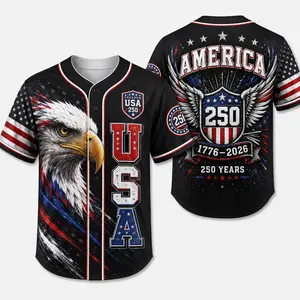 2026 USA 250 Black Button Down Baseball Jersey for Men, Eagle Head Graphic, America 250 Wing Shield Back Print, Flag Sleeve Accents, Short Sleeve Patriotic Baseball Top for July 4th Game Day