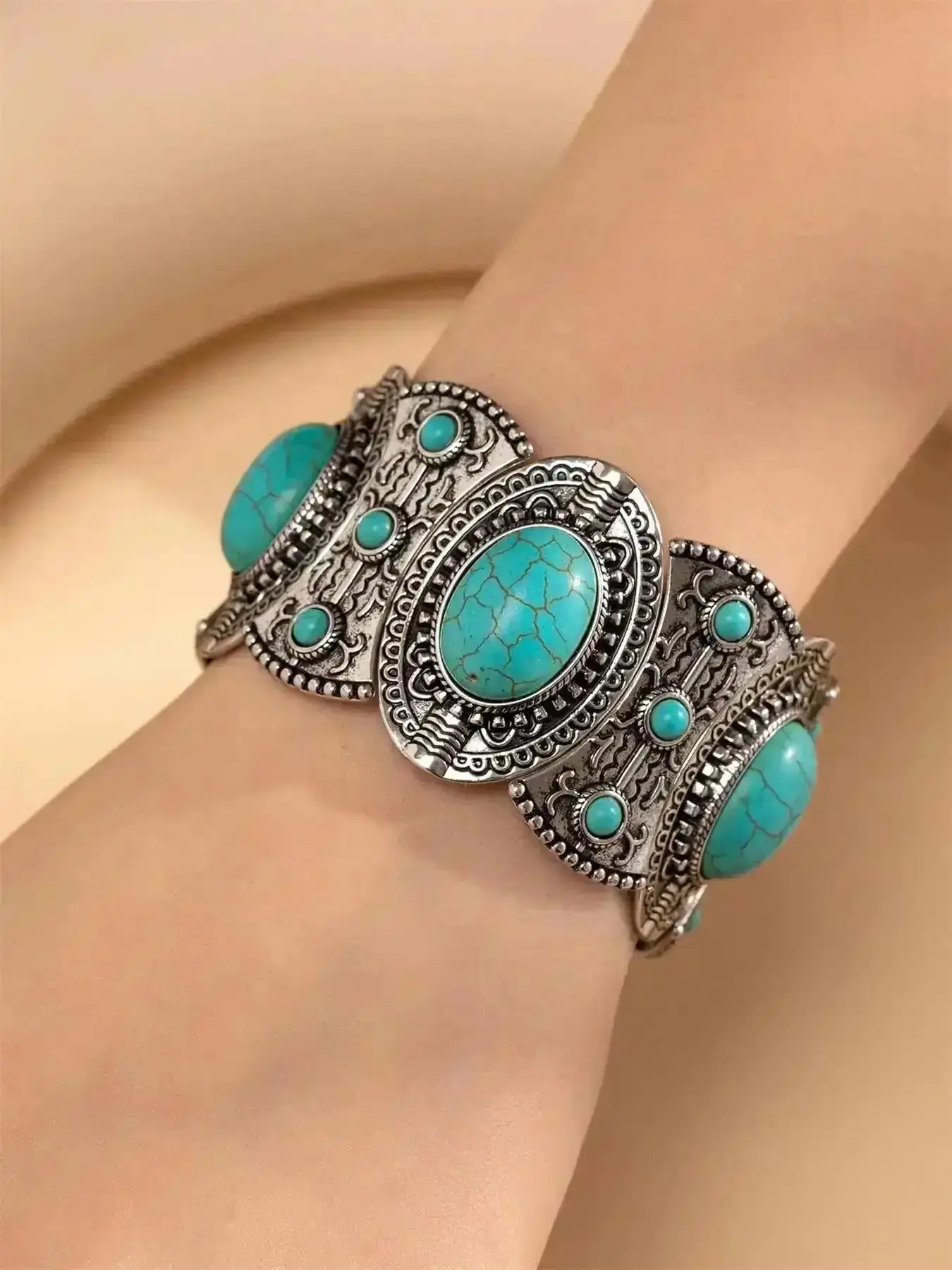 Vintage Boho Style Turquoise Decor Bangle, Fashionable Jewelry for Women & Men, Trendy All-match & Exquisite for Birthday classic design everyday essential versatile comfort wear wardrobe staple piece relaxed fit