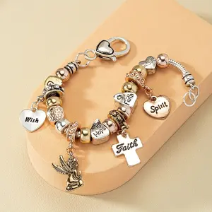 Chic-Inspired Beaded Bracelet with Cross, Heart & Angel Charms - Zinc Alloy, Perfect for Casual Attire or Vacation