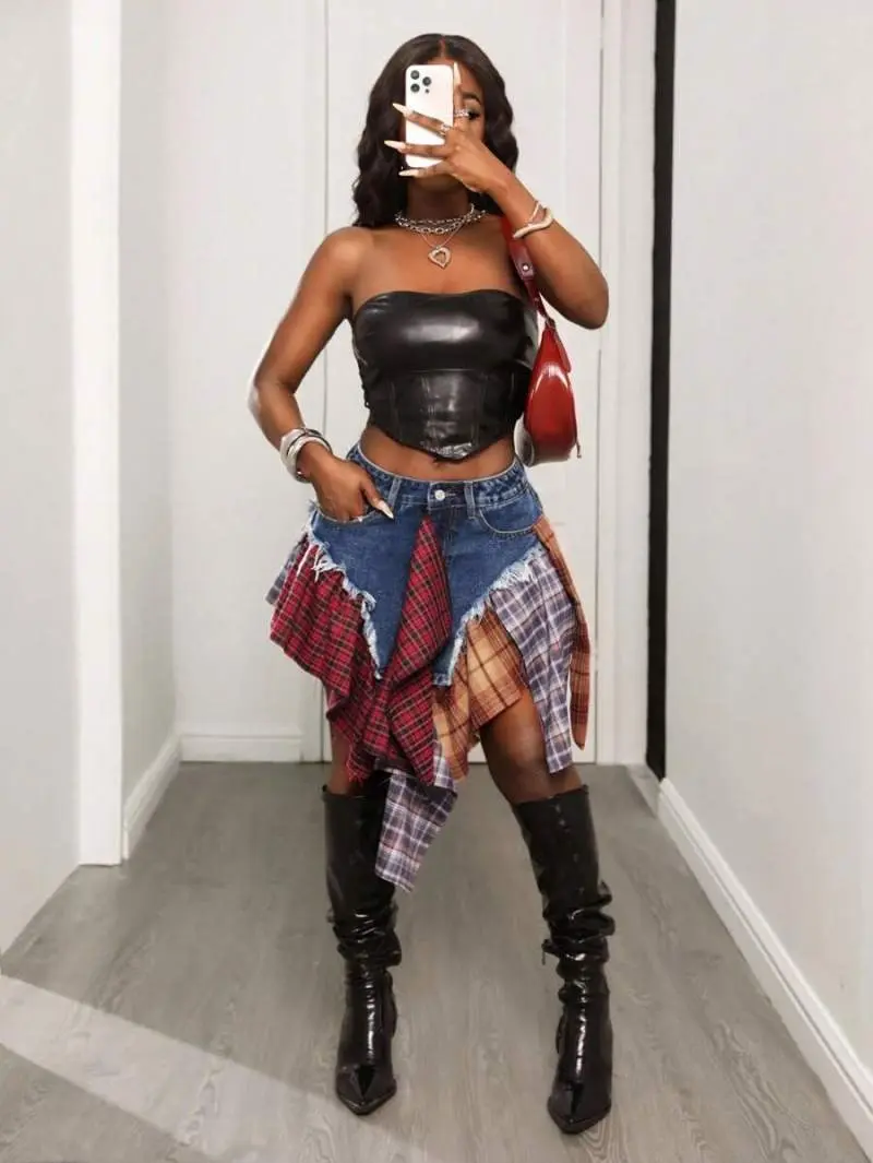 KOOZ Asymmetrical Patchwork Denim Skirt, New Summer Fashion American Style Versatile Sexy Mini A-Line Low Waist Skirt