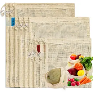 -Cotton-Mesh-Produce-shopping-Bags-Washable  Premium See Through Lightweight Net zero Bulk Bags for Veggie Fruit Vegetable Grocery Storage (9 Packs)