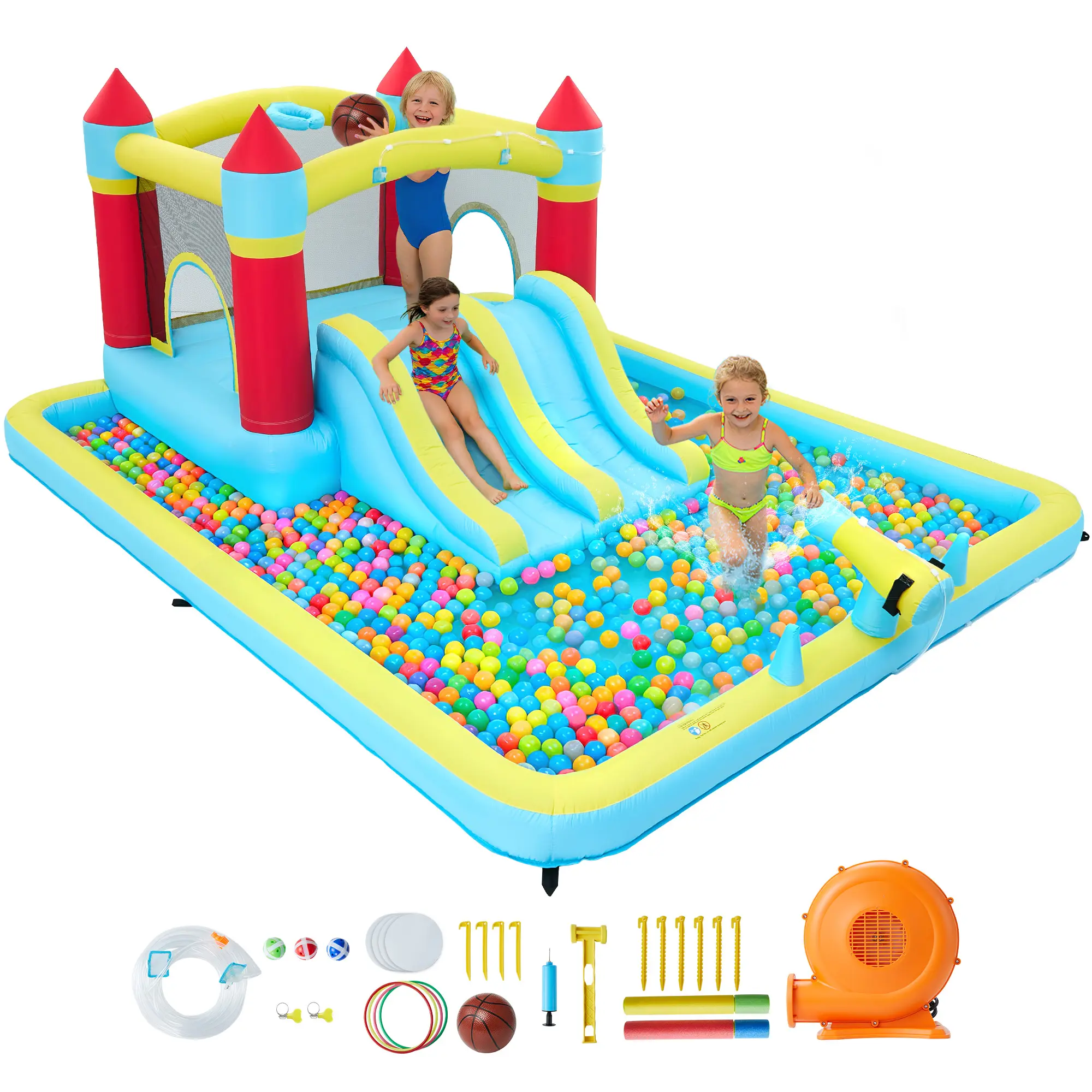 7-in-1 Multi Purpose Inflatable Kids Bounce House with Slide, Climbing Wall, Basketball Hoop, Water Play Game, 350W Blower – Outdoor Playground Equipment for Backyard