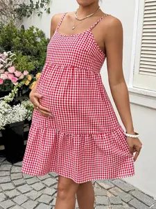 MaterniRIO Maternity Clothes Maternity  Dress Summer Pregnant Clothes Red Plaid  Maternity Dress Comfortable Vacation