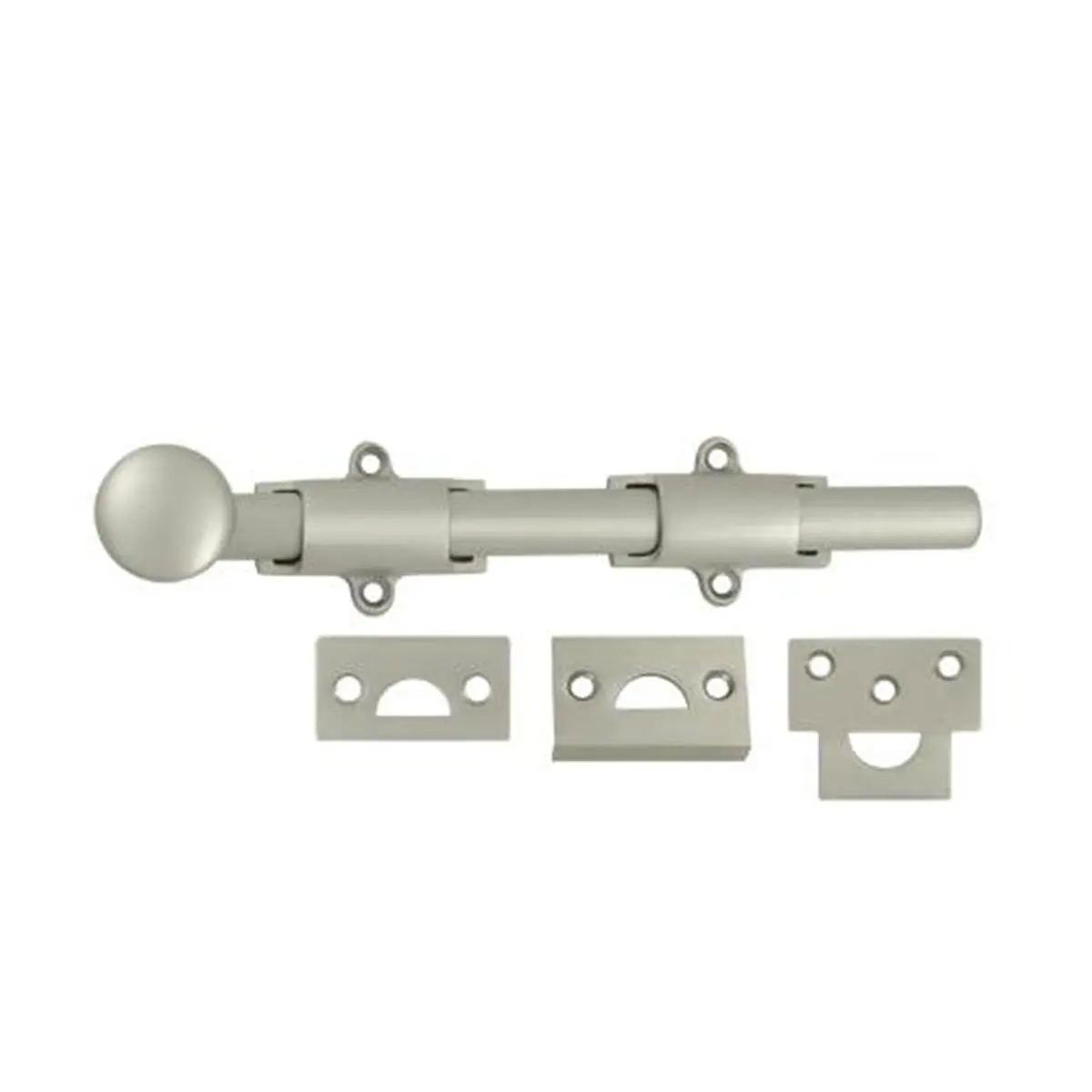 212 MAIN 8 in. Heavy Duty Surface Bolt - Satin Nickel, Solid Brass, Weatherproof, Extra Security with Strikes