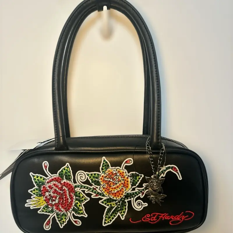 Ed Hardy Y2K Rhinestone Rose Bowler Bag | Black Mini Satchel