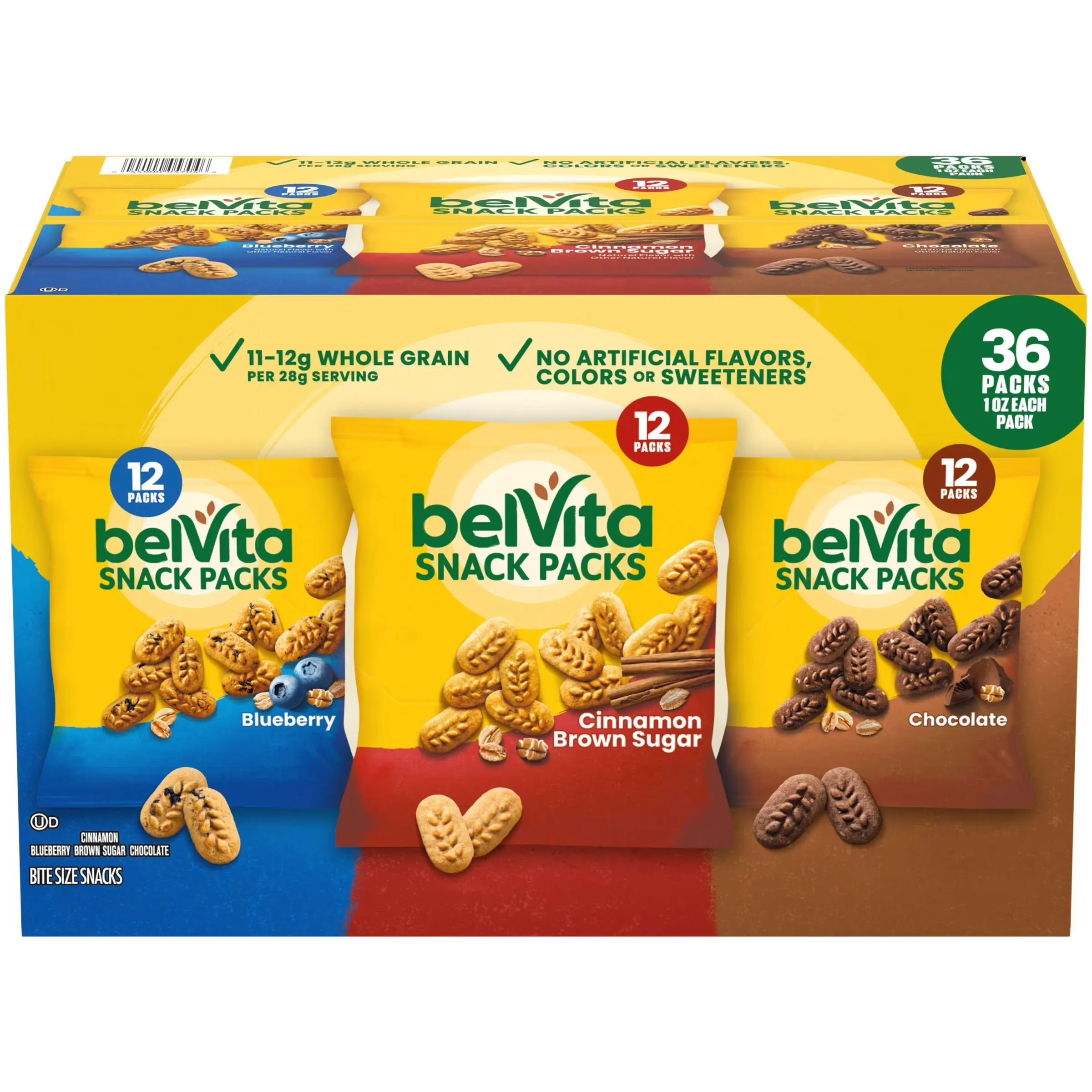 belVita Bites Breakfast Biscuits - Healthy Cookies Variety Pack with Canola Oil, 1 oz Individually Wrapped Snack Packs, Assorted Fruit & Chocolate Options, 36 Pk, Natural Low-Sugar Sweet Baked Snack