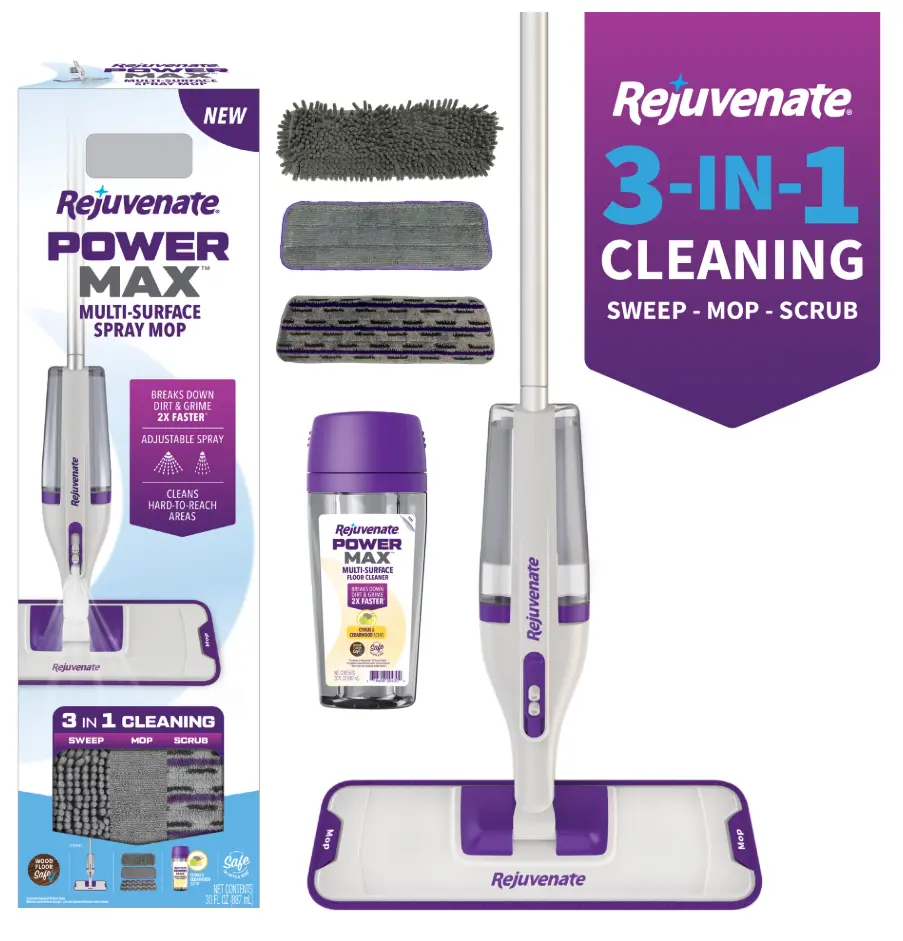 Rejuvenate PowerMax Multi-Surface Spray Mop Kit, Powerful 3-in-1 Cleaning, Sweep, Mop & Scrub