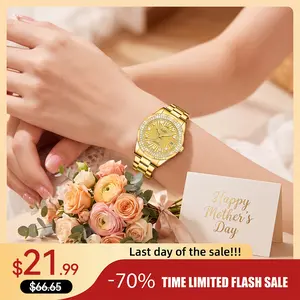 Lushika Luxury Ladies' Quartz Watch, Gold Pattern Design with Premium Elegance, Round Case, Delicate Circle Rhinestone Inlay, Date Display, Water Resistant & Scratch Resistant, Luminous Hands, All-Match for Daily Wear, Fashionable for Commute