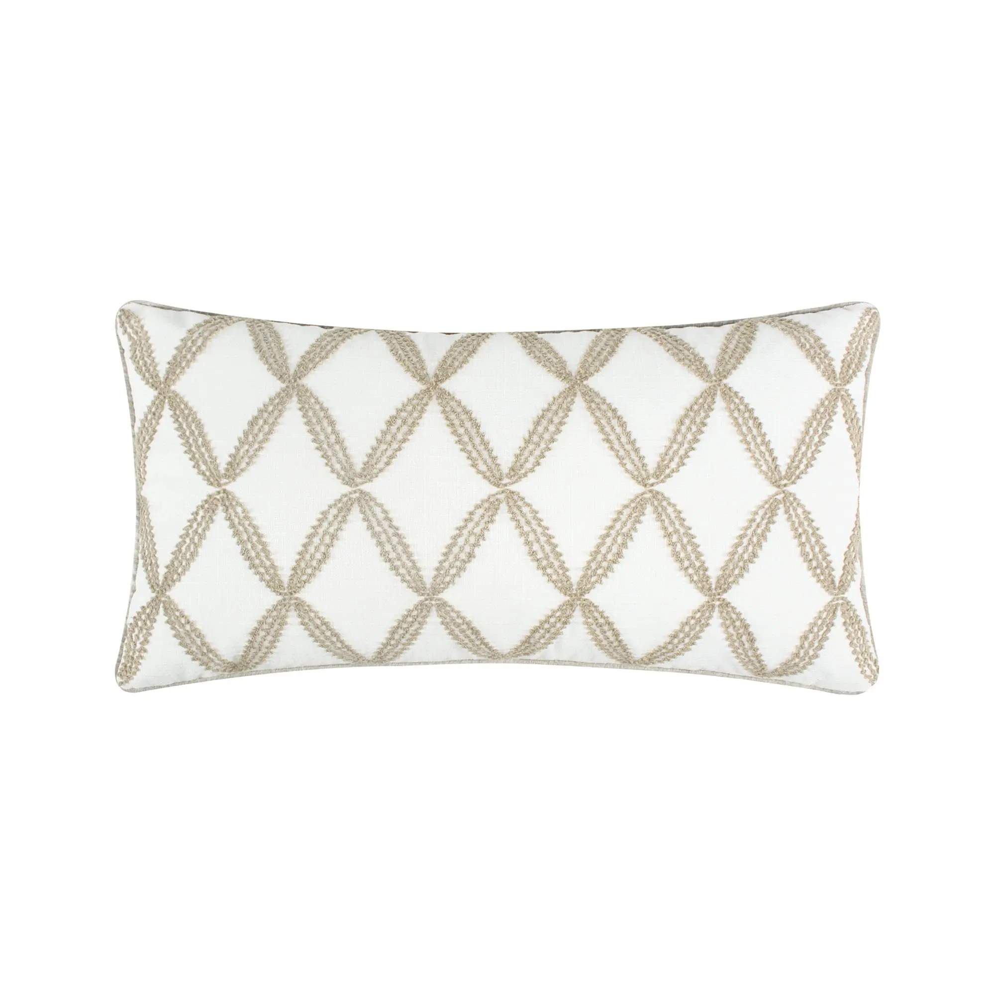 English Forest Leaf Pillow, 12x24in, Cream, Crewel Stitched Diamond Leaf Pattern, Feather Inner Decorative Pillow for Bedding & Soft Furnishings