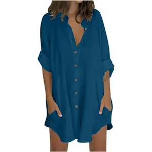 Cotton Linen Button Down Shirts with Pockets Long Sleeve Loose Fit Oversized Casual Tops Clothes Plus Size