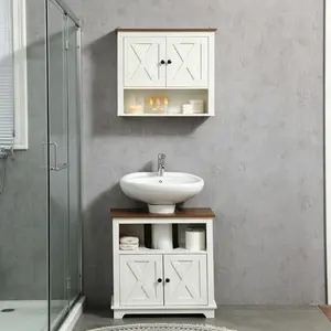 White Modern Farmhouse Bathroom Sink Cabinet, Pedestal Sink Storage Cabinet with Double Doors and Shelves