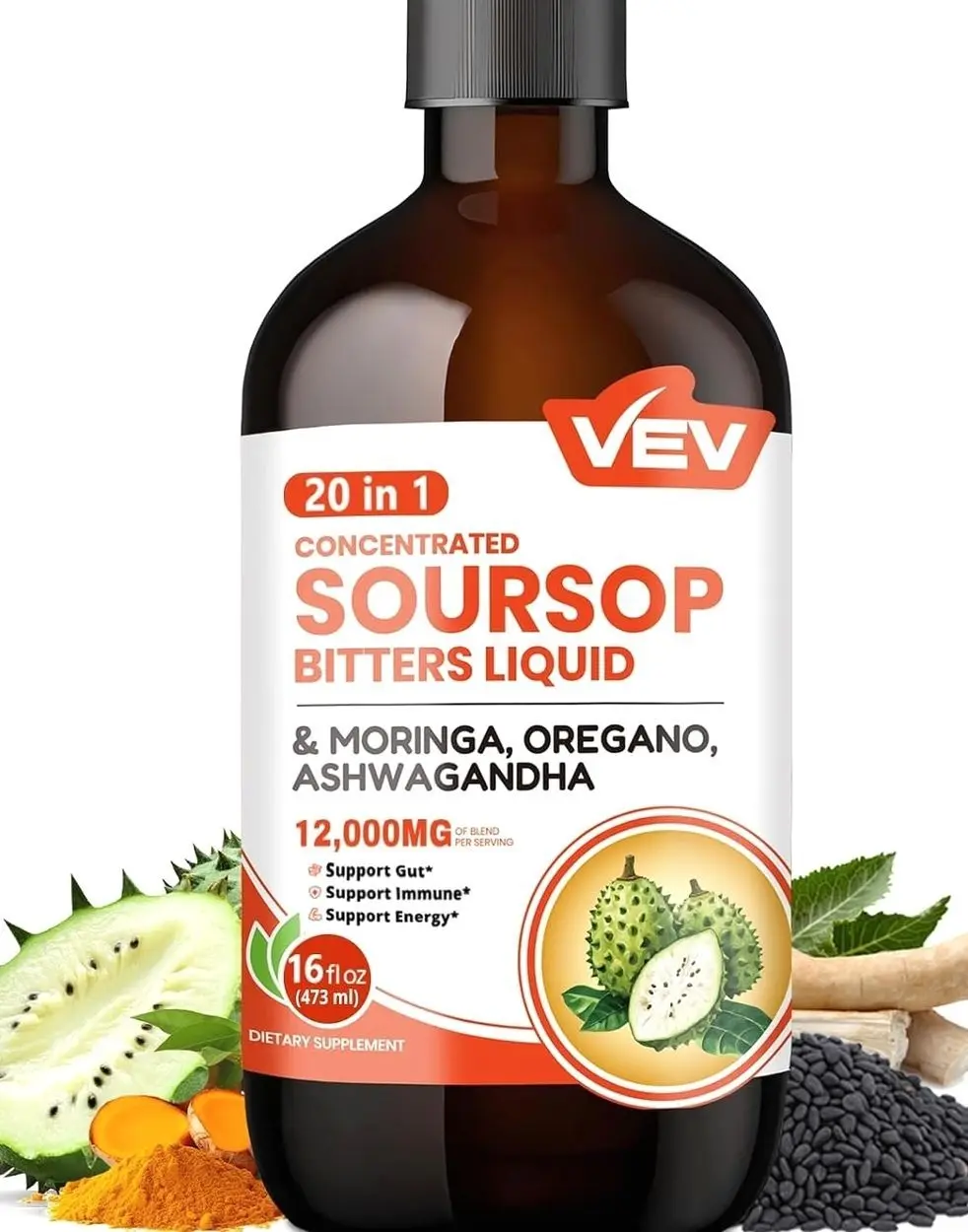 VEV Soursop Bitters Liquid, Graviola Extract Sugar-Free Formula, 20 IN 1, with Black Seed, Moringa & Oregano, Digestive Health & Immune Function, Stress Relief, Sleep Support, Vegan -16 oz