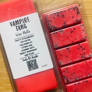 Vampire fang scented wax melt clam shell snap bar, hand poured luxury wax with red glitter mica powder, fruity scent