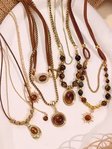 Vintage Brown Stone Bead Pendant Necklace Gold Plated Rope Chain Multi Chain Necklaces for Women Autumn Winter Sweater Jewelry Gift Set Necklinphalt Modern Versatile Accessories