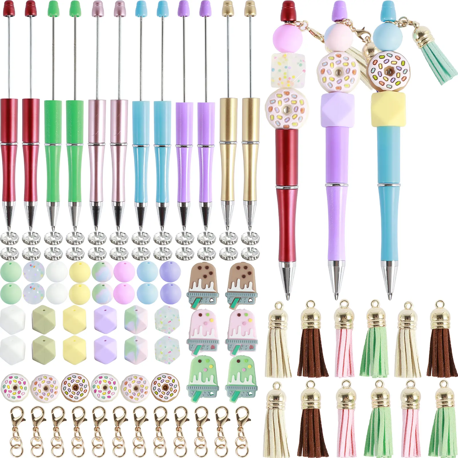 NEW 12Counts Beadable Pen Set Assorted Plastic Bead Pens with Colorful Beads and Spacer Beads Sister/Donut Themed DIY Beaded Pens Multicolor Beads Pens