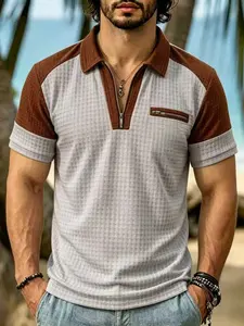 Men's Plaid Polo Shirt, Slim Fit Zip Pocket Sports Polo, Fashionable Comfort Design, Ideal for Daily Wear, Perfect for Casual Occasions