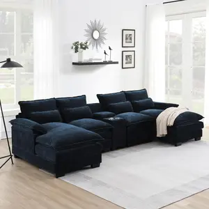 123*55" Modern U-shaped Sectional Sofa with Console, Cup Holders and USB Charger, 6 Seat Upholstered Symmetrical Indoor Furniture, Comfy Chenille Cloud Couch with Chaise for Living Room, Apartment