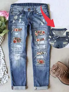 Women's Valentine's Day Patch Ripped Distressed Mid-Waist Boyfriend Fit Washed Ditsy Floral Print Loose Denim Jeans Button Elastic Waistband Breathable Comfort Fabric All Seasons Wear Pants