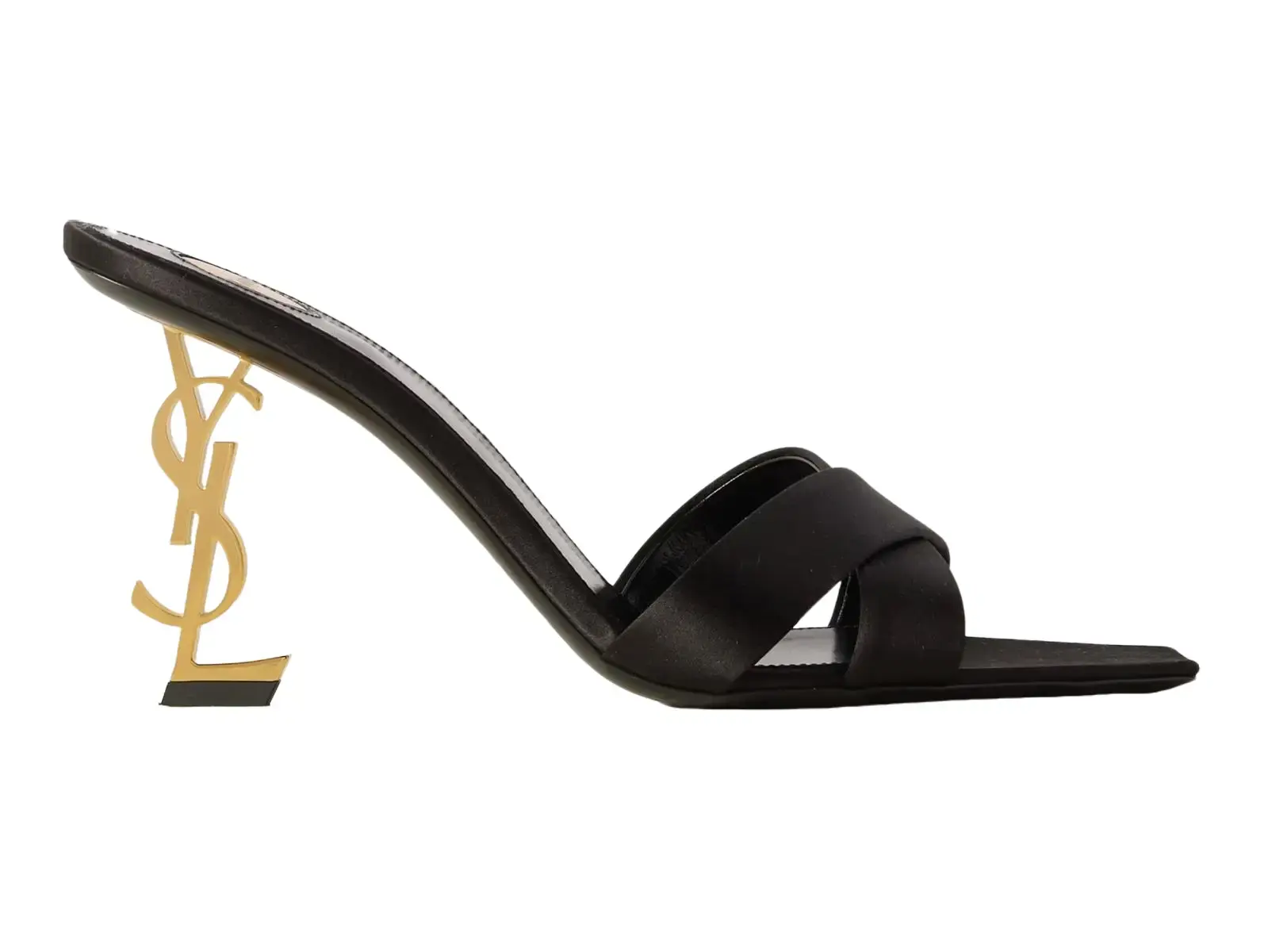 Saint Laurent Opyum 85 Sandal Black Satin Gold YSL Heel Backless Mule Pump