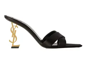 Saint Laurent Opyum 85 Sandal Black Satin Gold YSL Heel Backless Mule Pump
