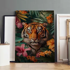 1Count Wooden Frame Canvas, Majestic Tiger Jungle Flowers, Exquisite Poster, Fashion Living Room Decoration, Modern Art, Bedroom Poster, High Definition Home Poster, Affordable Poster, Ideal Gift, Waterproof, Printing, Art