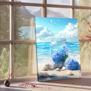 1 piece wooden framed canvas wall art - Blue hydrangea in a Mason jar in a beach scene, modern coastal decor, high-resolution print on wrapped canvas, ready to hang in the living room, bedroom, office - perfect home decor gift, beach-style room decoration