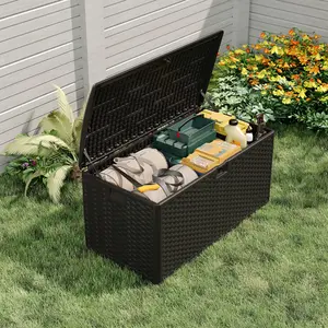 OUTGOODS 99 Gallon Outdoor Wicker Resin Deck Box – Lockable & Waterproof HDPE Storage Bench