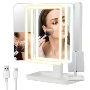 Tri-Fold Makeup Mirror with LED Light, Adjustable Three-Color Lamp Desktop Makeup Mirror, 180°/270° Rotating Vanity Mirror, 800mah Rechargeable Battery, Cosmetic Mirror with Smart Touch Control, Illuminated Mirror