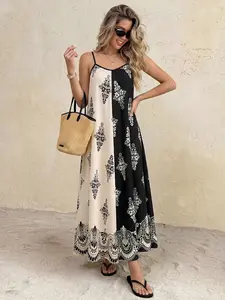2026 New Ethnic Vacation Loose Colorblock Paisley Print Cami Dress, Comfortable Casual Long Dress for Daily Commute and Outing