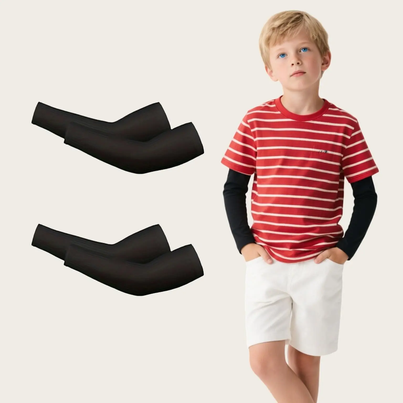 2 Pairs of Kids' Sun Protection Compression Cooling Elastic Fit Sleeves, Breathable Elastic Quick-Dry Durable Outdoor Athletic Sports Sleeves, Nylon Material for Summer Riding Accessories, Unisex with Various Color Options, Arm Sleeves, UV Protection
