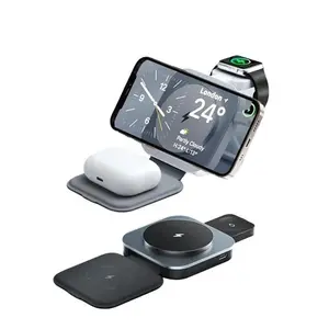 Fast Wireless Charger, 15W Magnetic Foldable 3 in 1 Charging Station for Phone,3.5W Portable Charger,2.5W Portable Charger for Watch,Charging Station for Multiple Devices,Airplane Travel Essentials,Phone Stand for Desk