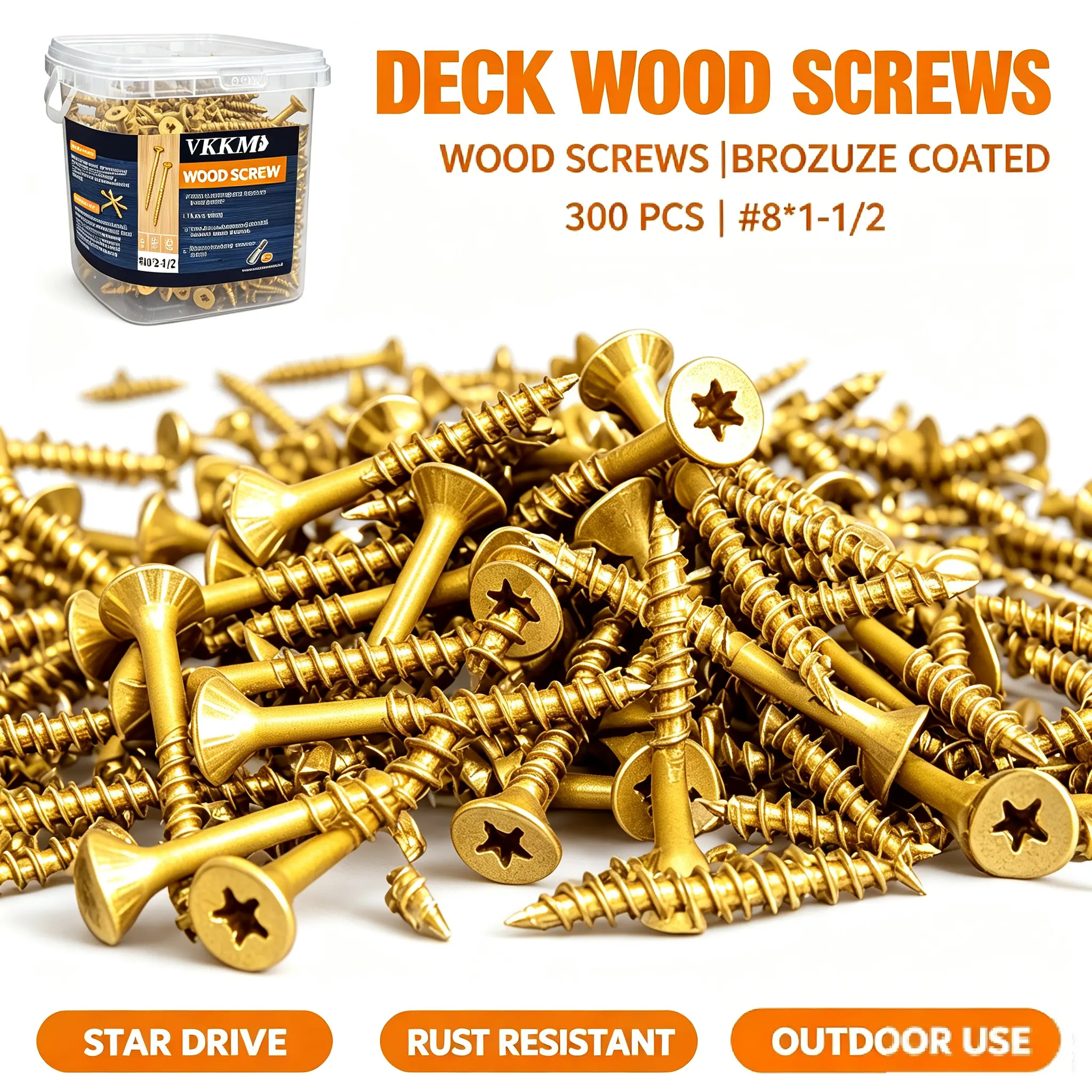 VKKM 150PCS #10 x 2-1/2" Tan Coated T25 Torx Star Drive Deck Wood Screws, Exterior Rust Resistant Self Tapping Fasteners, Perfect for Treated Lumber, Fences, Decking & Outdoor Woodworking Projects