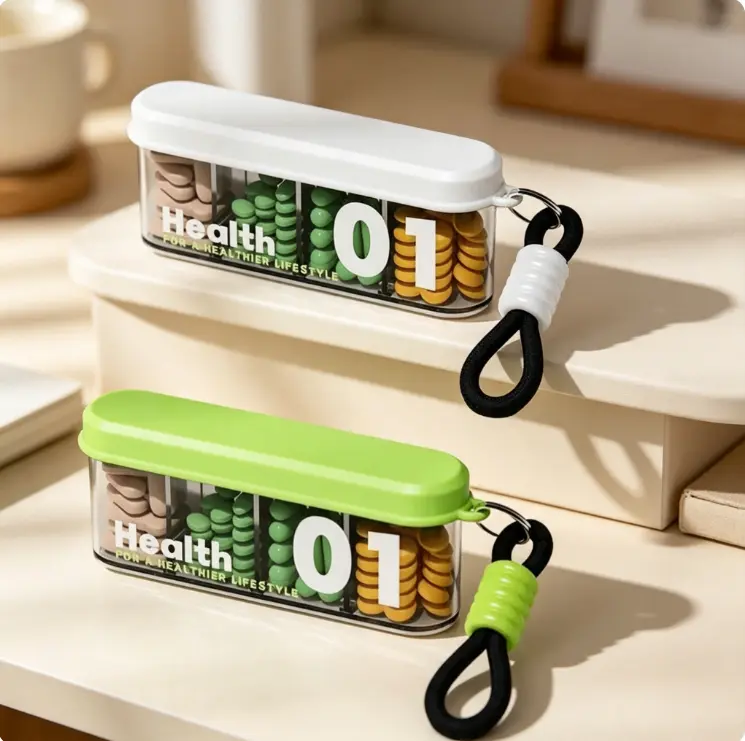 2PCS Travel Size Multi-Compartment Pill Organizer - 4 Compartments, Strong Seal, Wide Opening, Anti-Mix Vitamin Healthcare Home Organizer Supplement Container(white+green)