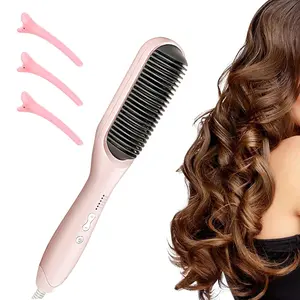 Ionic Hair Straightener Brush with 5 Adjustable Temperatures Fast Heat Dual Voltage Straightening Comb Anti-Scald Auto Shut Off for Women