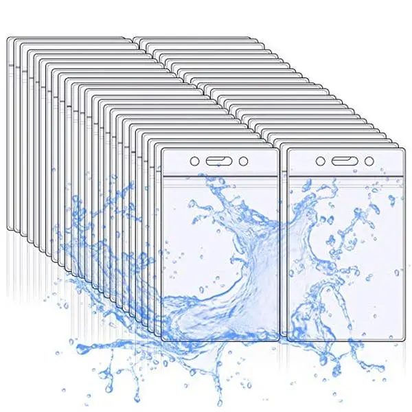 50 Pack Resealable Waterproof ID Badge Holders - Clear, Vertical, Zip-to-Close - Fits Drivers licenses, Credit Card, Hotel Keys, and More