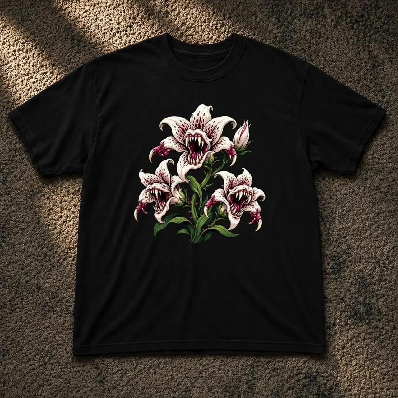 Black Floral Graphic T-Shirt, White Flower Print Tee, Vintage Style Unisex Shirt