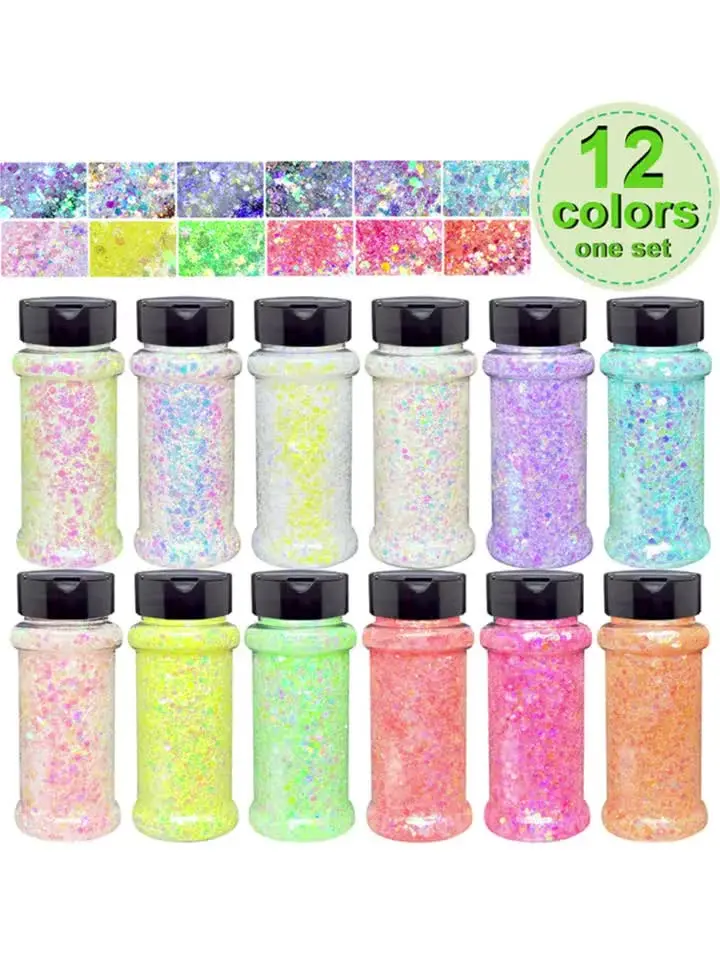 【12 bottles, 1.5 ounces set】A 12-bottle set of glitter powder and laser glitter powder for nail art, coasters, small ornaments, holiday gifts, DIY projects, and various holiday art applications.