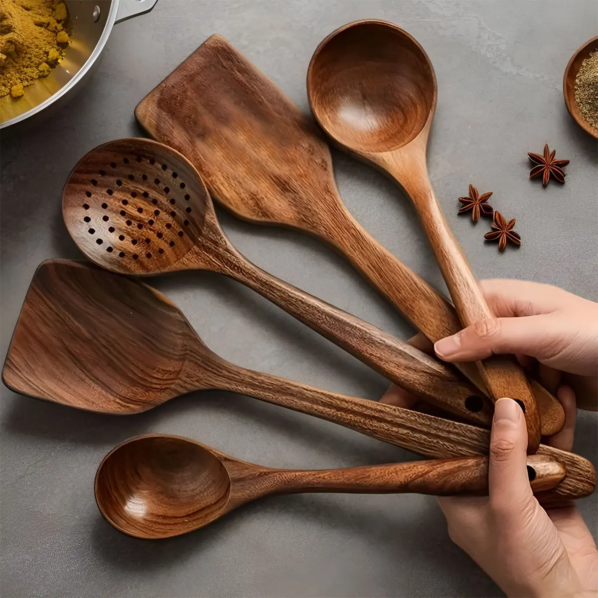 Premium 5-Piece Wood Cooking Utensils Set for Cookware - Ergonomic Heat-Resistant Handles, Non-Stick Pan Safe, Easy to Clean, Durable Spoon, Spurtle, Ladle, Wok Spatula