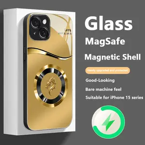 Suitable for [iPhone 15 Plus] New high-end magnetic lucky animal anti-drop glass mobile phone case New business simple metal paint electroplated glass wireless charging mobile phone case Affordable anti-drop and anti-fingerprint 995