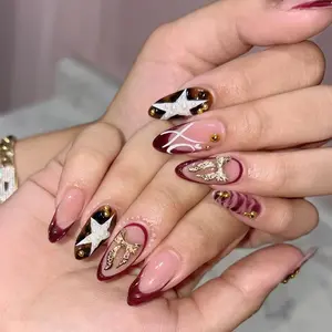 24 pcs of medium-length almond-shaped press on nails gift box, hot girl style star pearl leopard print autumn brown coffee color hand-painted love red gradient French edge French Tips Nails metal bow portable fake nails with jelly glue 1 piece 1 rub strip