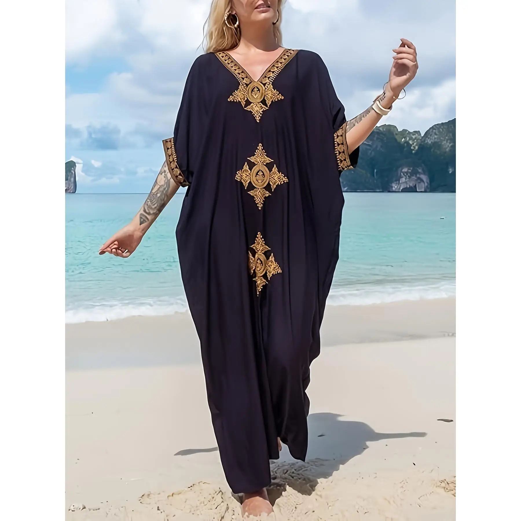 Gold Embroidery Long Kaftan Dresses V Neck Caftan Dress Beach Cover Ups For Women Embroidery - Elegant & Flowy Design - Soft & Breathable Fabric - Per