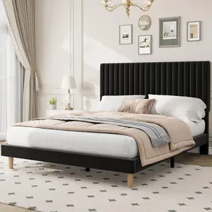 Garvee Full Size Bed Frame with 3-Level Adjustable Headboard, Velvet Upholstered Platform Bed, Vertical Channel Tufted, No Box Spring Needed, Black