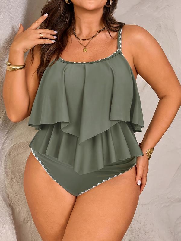 Women's Plus Size Fashion Elegant Slimming Backless Solid Color Ruffle Two-Piece Bikini Set, Sexy Ditsy Floral Push Up Style, Tankini Swimwear Set