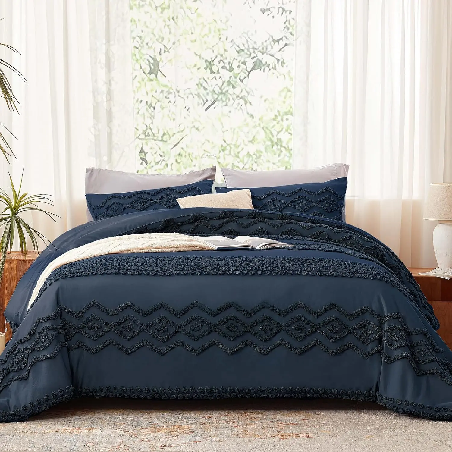 Navy Blue Boho Tufted Comforter Set  Size 3 count Boho Shabby Chic Comforter Farmhouse Embroidery Bedding Set Soft Comforter for  Seasons (Navy Blue, 104''x90'')