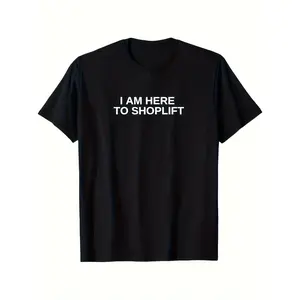 [100% Cotton] 100% CottonMen'S Funny "I Am Here to Shoplift" Graphic T-Shirt - Retro Bold Text on Black Short Sleeve Round Neck Casual Humor Tee for Casual Attire & Pranks - Soft Breathable Funny Statement Shirt for Men