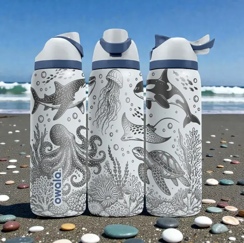 Owala FreeSip 32oz Ocean Animals Engraved Water Bottle | Whale Shark Octopus Turtle Marine Life Design | Stainless Steel Insulated Travel Bottle with Straw Lid