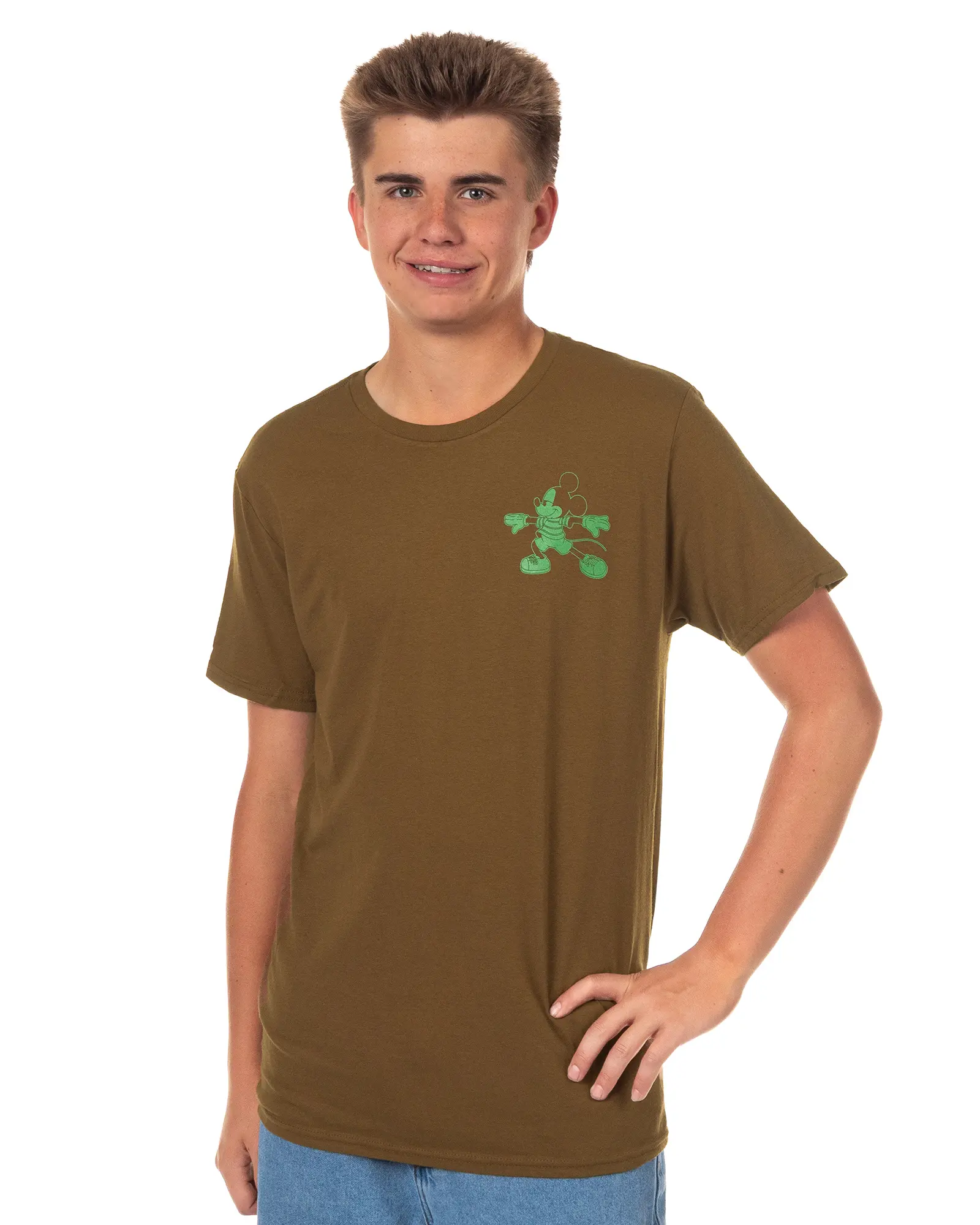 Men's Casual Short Sleeve T-Shirt in 100% Natural Cotton with Cartoon Mouse Graphic & "Nature Heals" Back Print