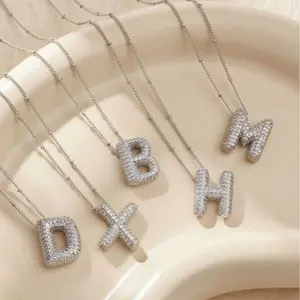 Silver Balloon Letter Necklace for Women with Zirconia Stones, Women's Necklace Letters 26 A-Z, Balloon Necklace