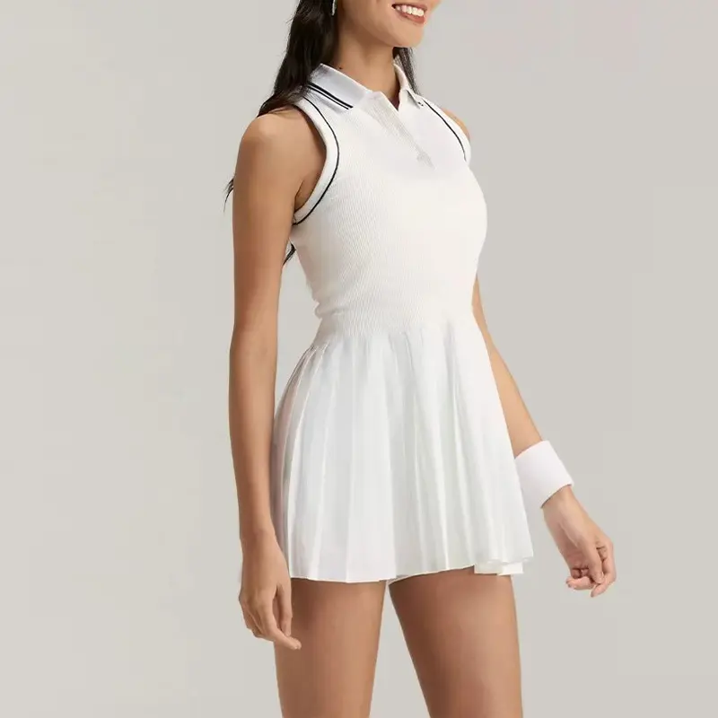 Women Sleeveless Polo Tennis Dress Contrast Trim Pleated Mini Dress Built-in Shorts Athletic Golf Workout Sport Dress