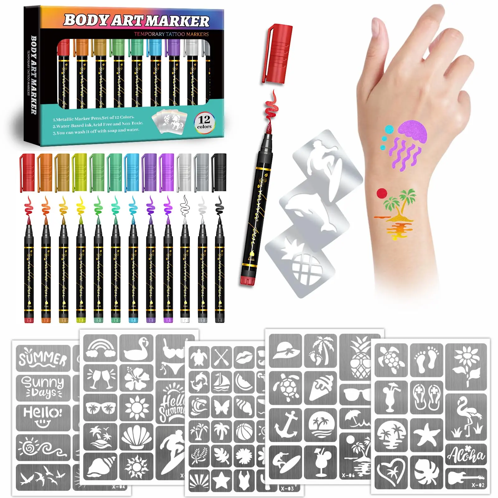 Temporary Tattoo Marker Kit with 12 Vibrant Metallic Pens & 150+ Stencils, Cosmetic Body Art Makeup for Kids and Adults, Easy to Remove, All Skin Types
